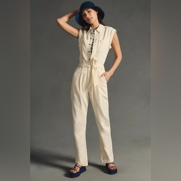 Cream Sleeveless Jumpsuit Utility Workwear Drawstring - Picture 1 of 4